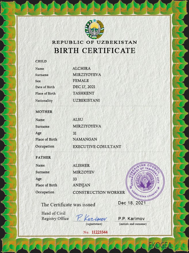 Modèle PSD de certificat de naissance en Ouzbékistan
